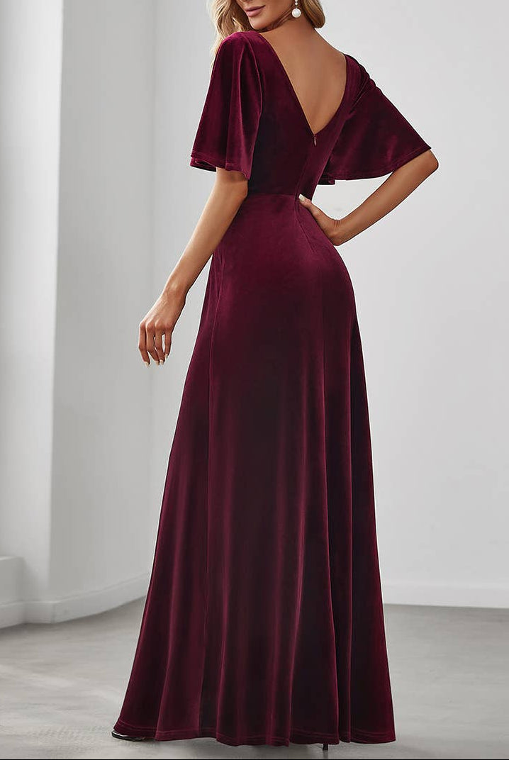 Velvet Flutter Sleeve Evening Gown