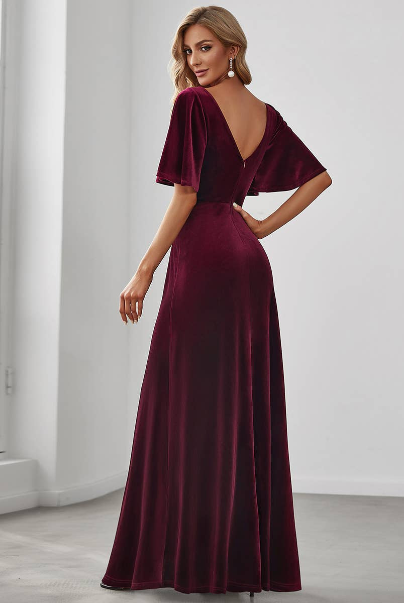 Velvet Flutter Sleeve Evening Gown