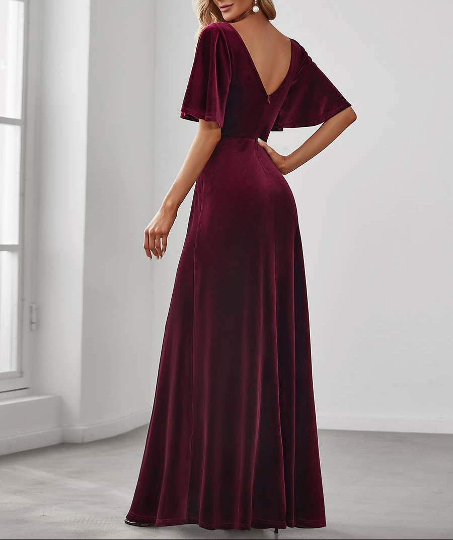 Velvet Flutter Sleeve Evening Gown