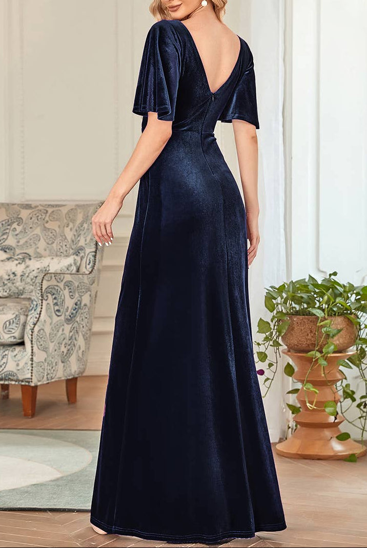 Velvet Flutter Sleeve Evening Gown