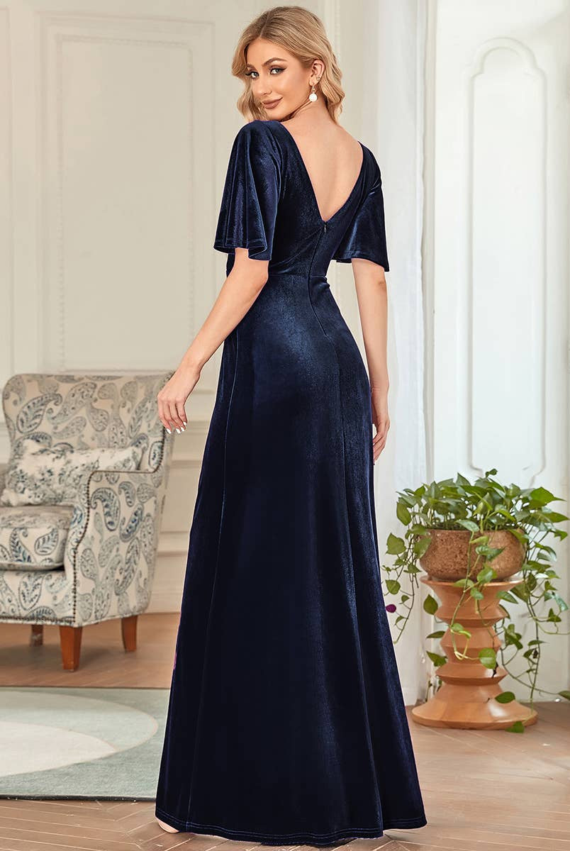 Velvet Flutter Sleeve Evening Gown