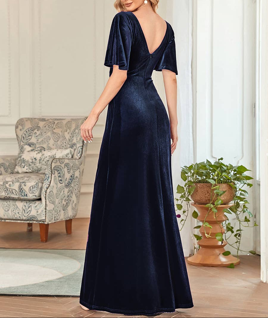 Velvet Flutter Sleeve Evening Gown