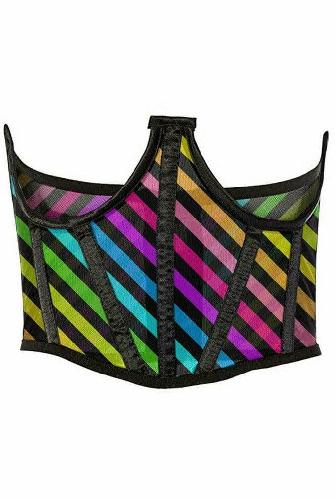 Lavish Rainbow Stripes Print Mesh Open Cup Waist Cincher