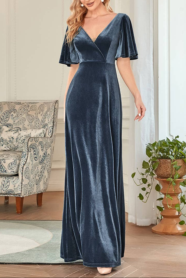 Velvet Flutter Sleeve Evening Gown
