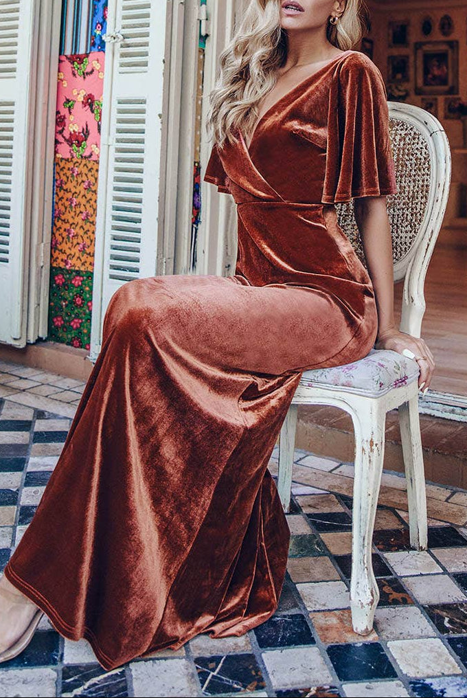 Velvet Flutter Sleeve Evening Gown