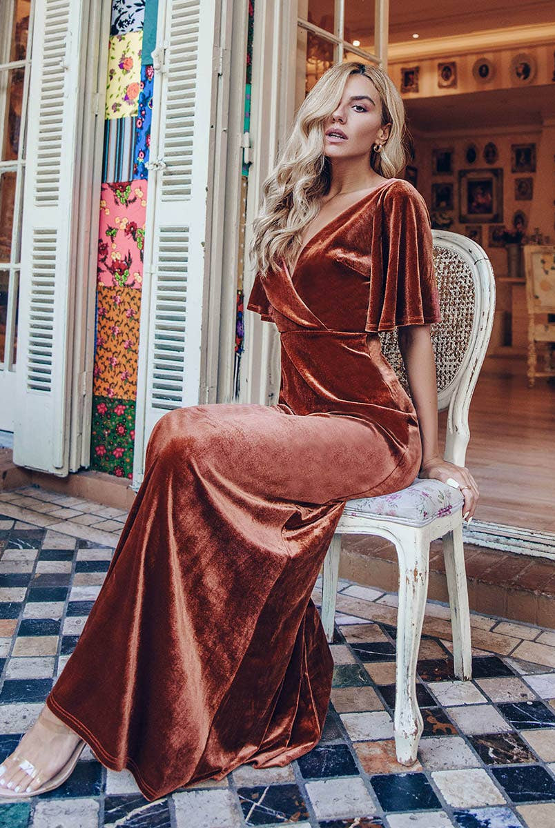 Velvet Flutter Sleeve Evening Gown