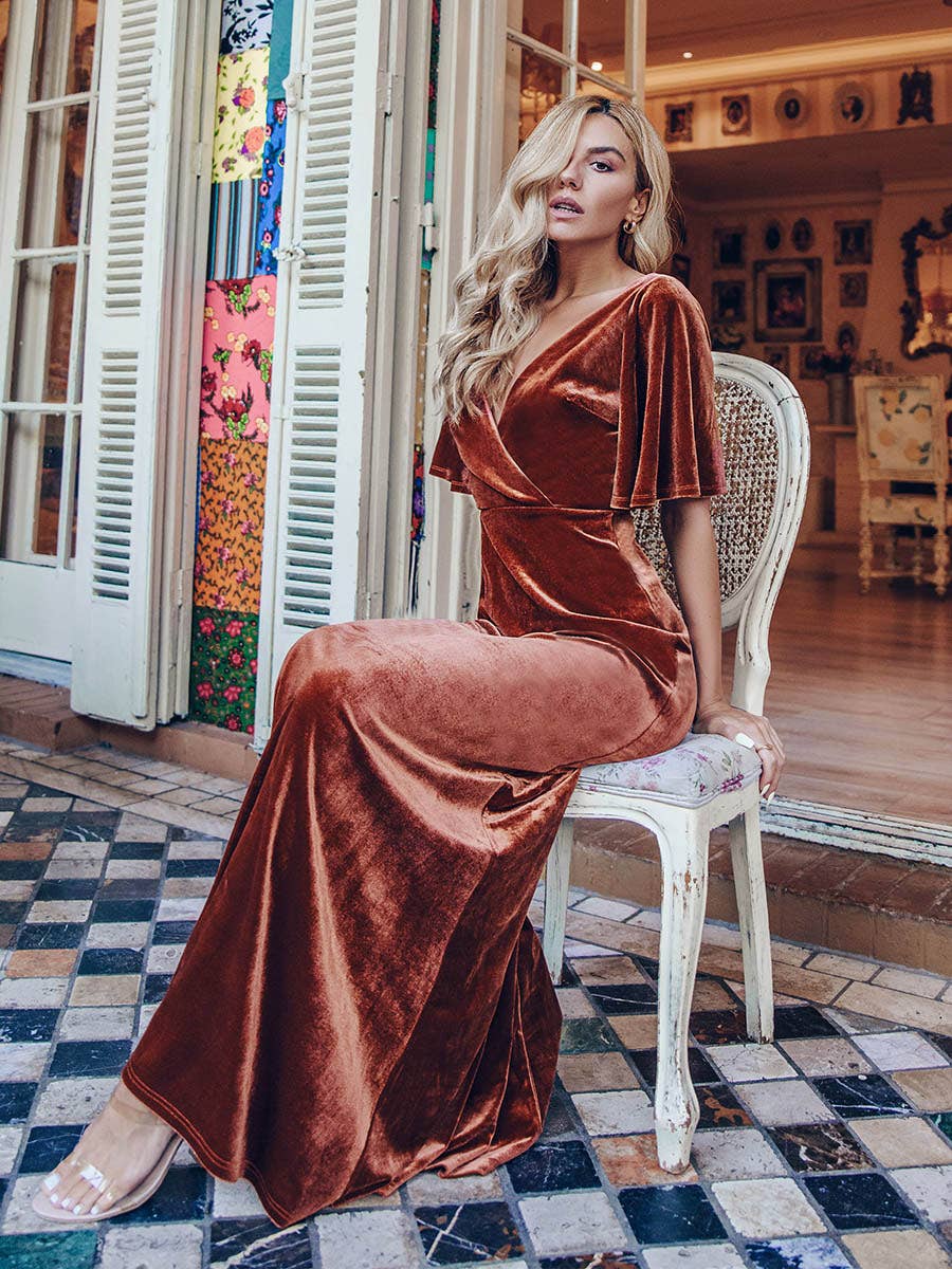 Velvet Flutter Sleeve Evening Gown