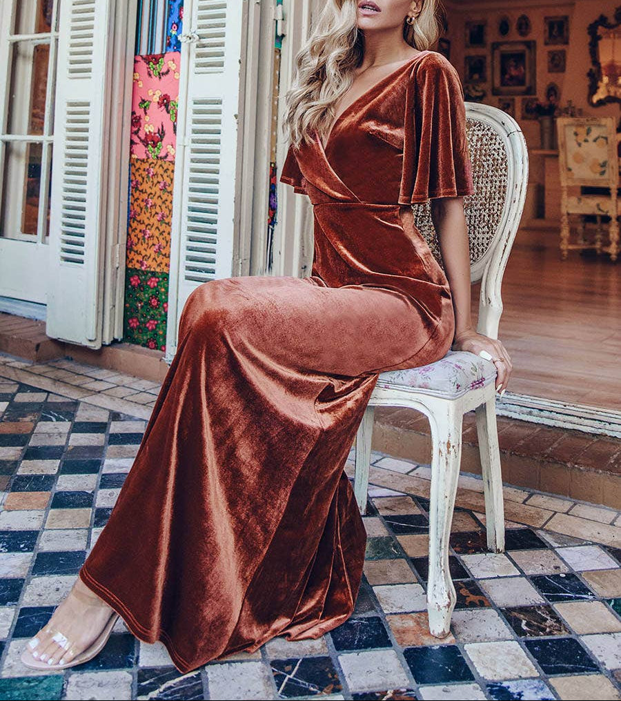 Velvet Flutter Sleeve Evening Gown