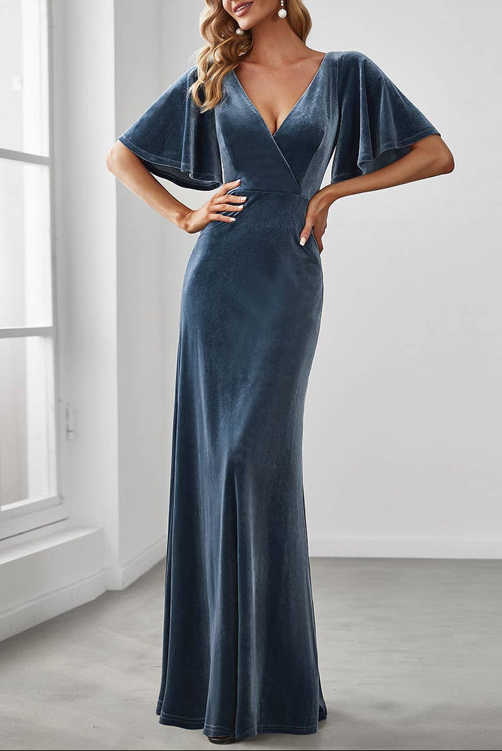 Velvet Flutter Sleeve Evening Gown