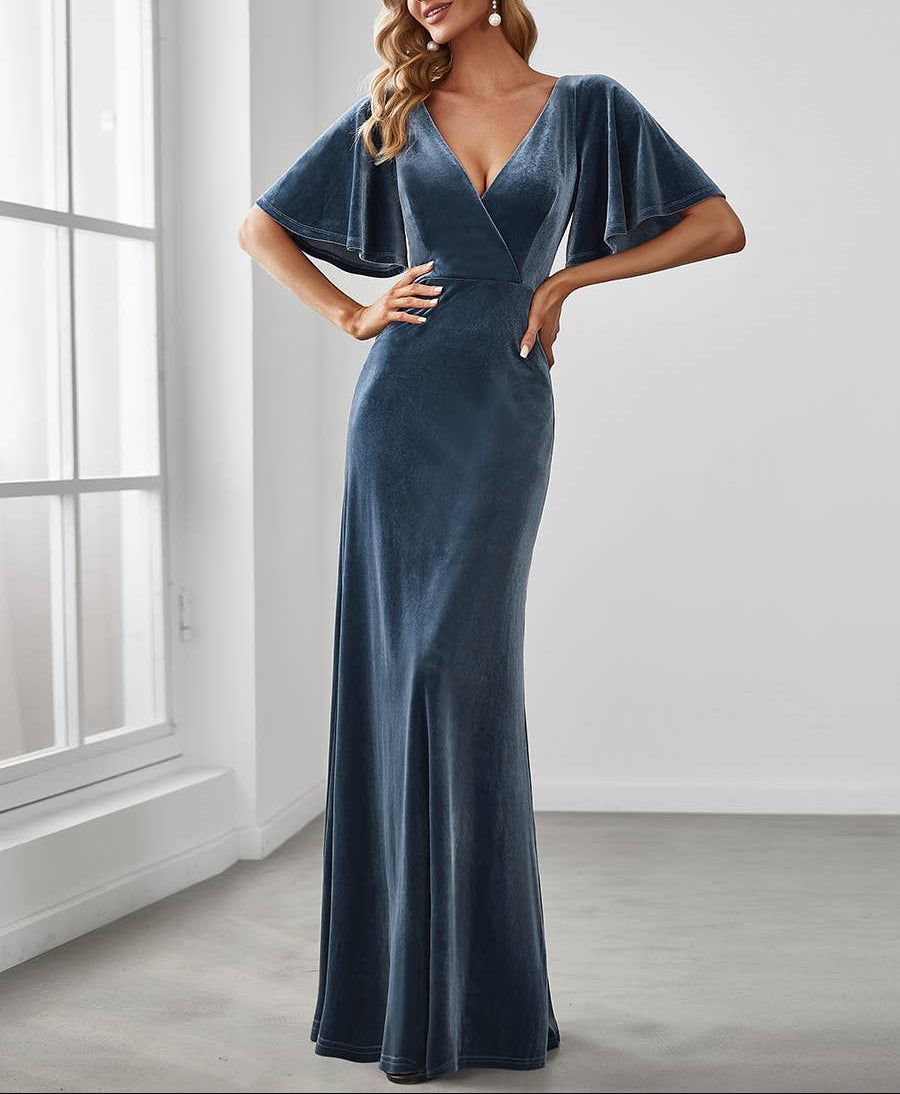 Velvet Flutter Sleeve Evening Gown