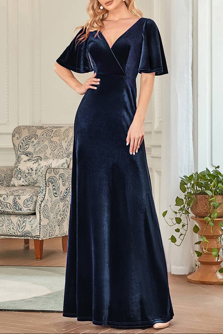 Velvet Flutter Sleeve Evening Gown