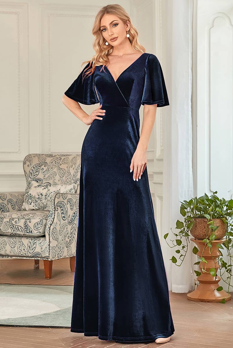 Velvet Flutter Sleeve Evening Gown