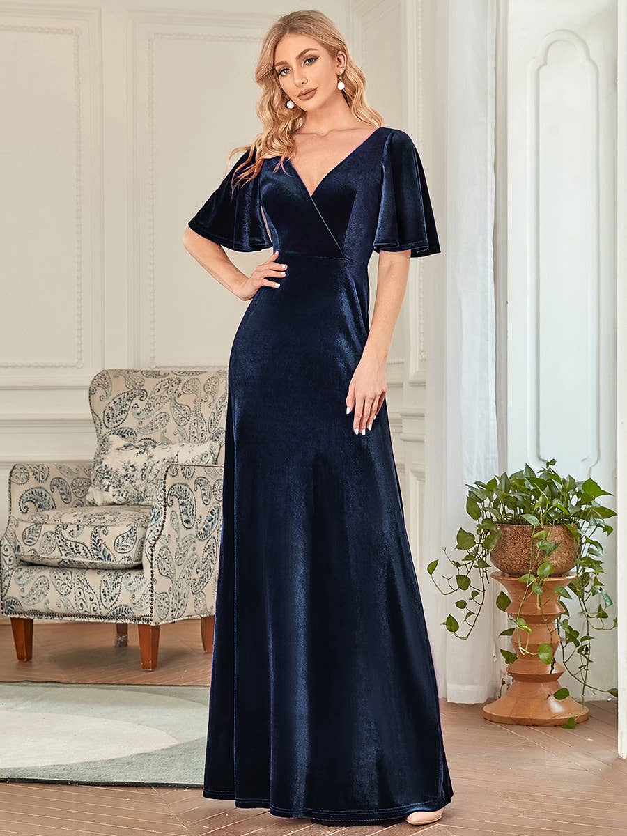 Velvet Flutter Sleeve Evening Gown