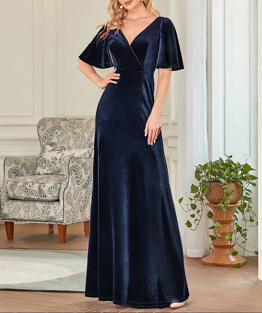 Velvet Flutter Sleeve Evening Gown