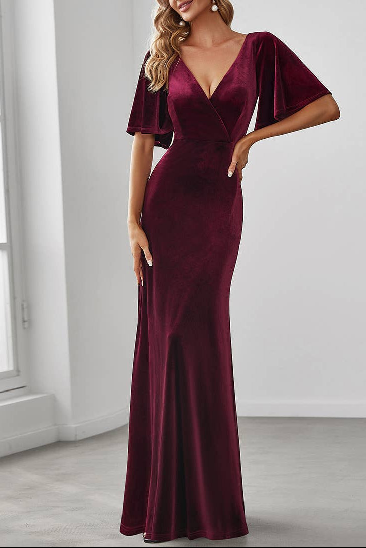 Velvet Flutter Sleeve Evening Gown