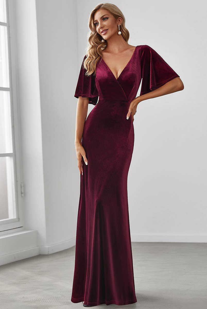 Velvet Flutter Sleeve Evening Gown