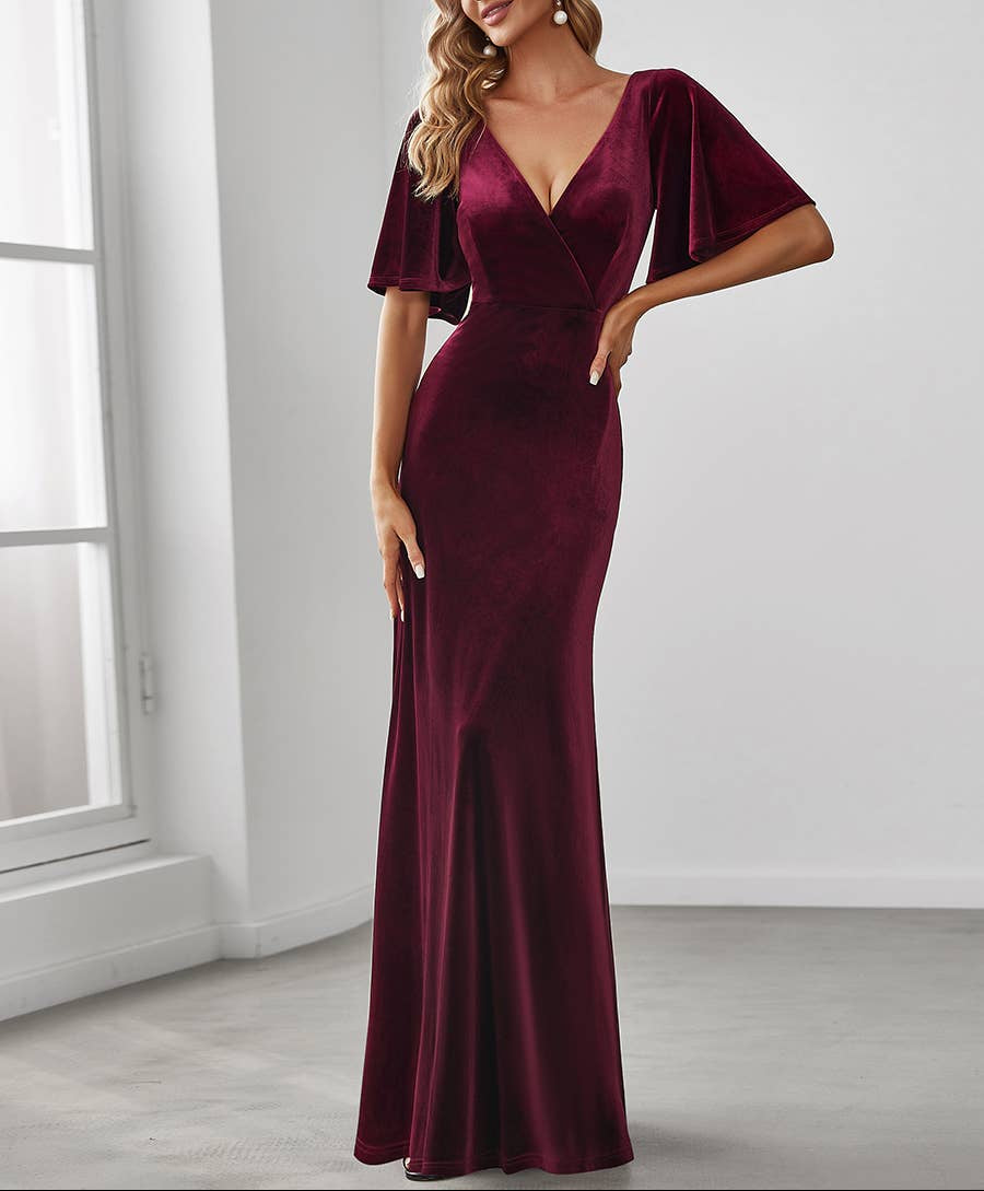 Velvet Flutter Sleeve Evening Gown