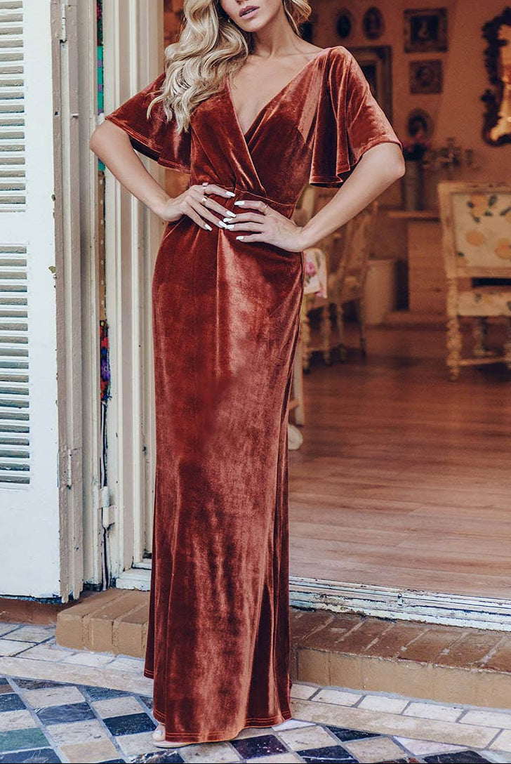 Velvet Flutter Sleeve Evening Gown