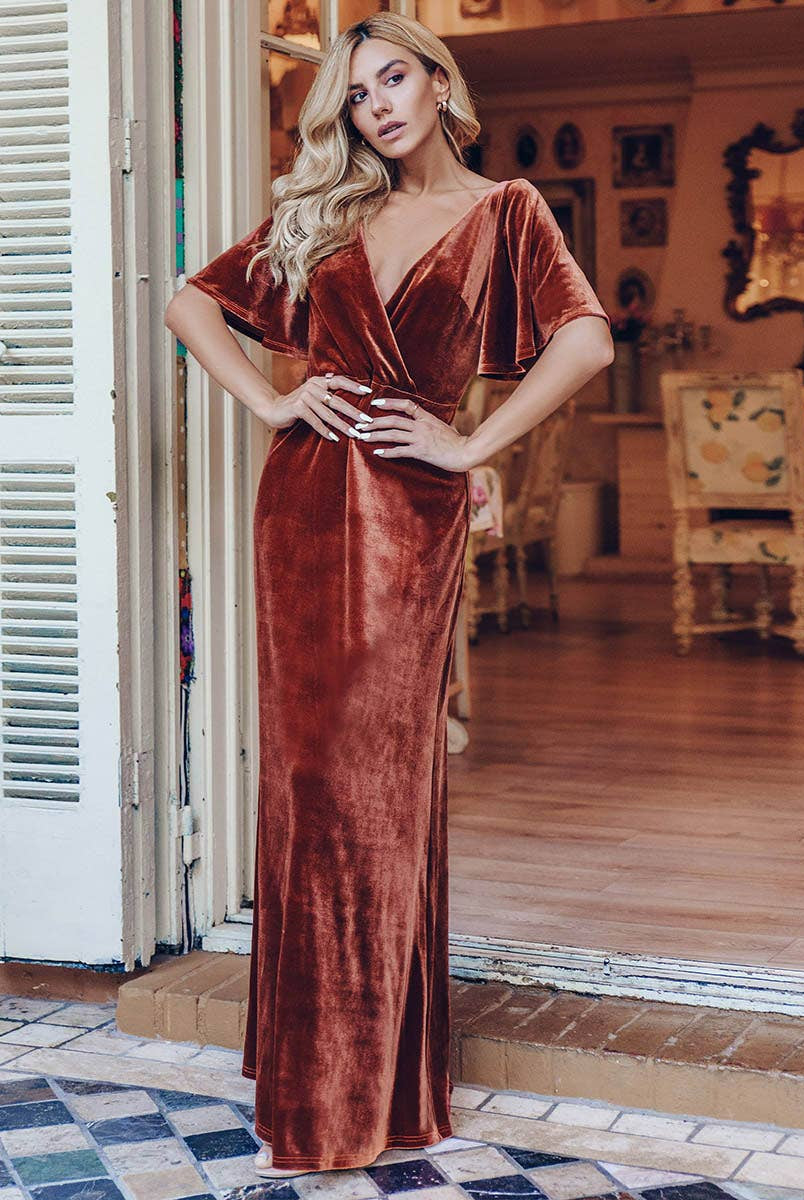 Velvet Flutter Sleeve Evening Gown
