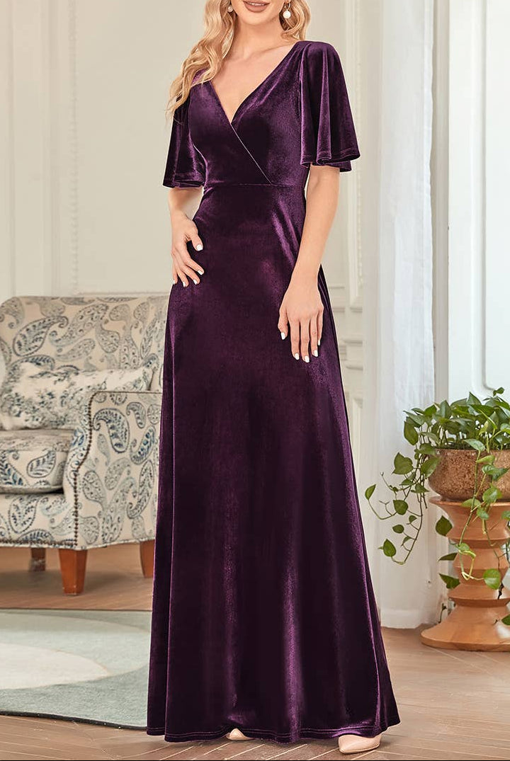 Velvet Flutter Sleeve Evening Gown