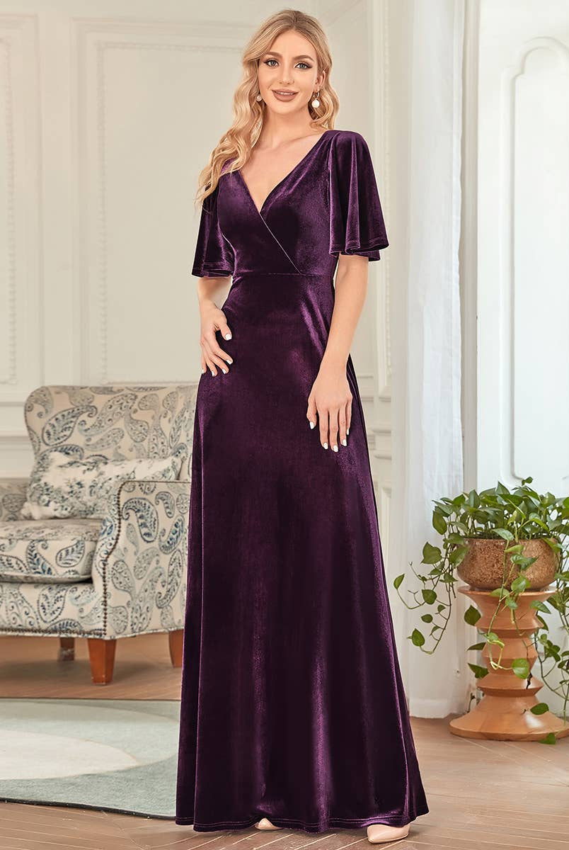 Velvet Flutter Sleeve Evening Gown