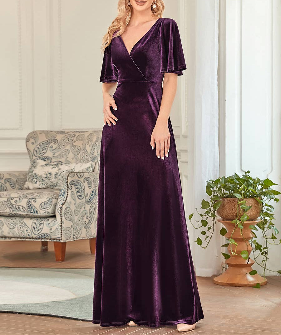 Velvet Flutter Sleeve Evening Gown