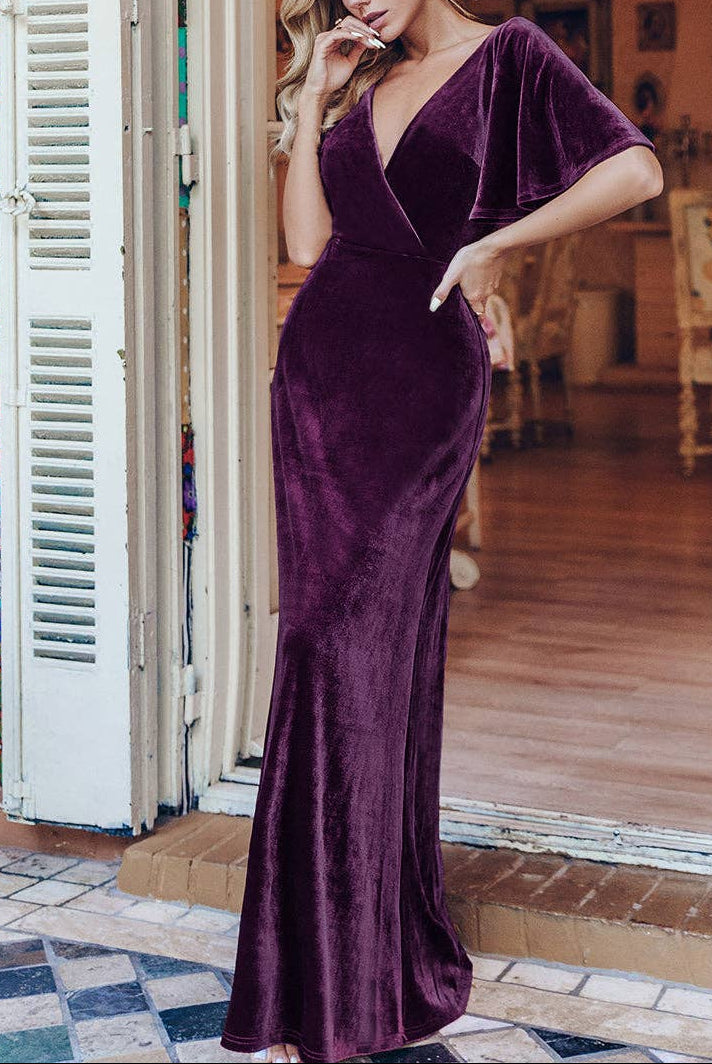 Velvet Flutter Sleeve Evening Gown