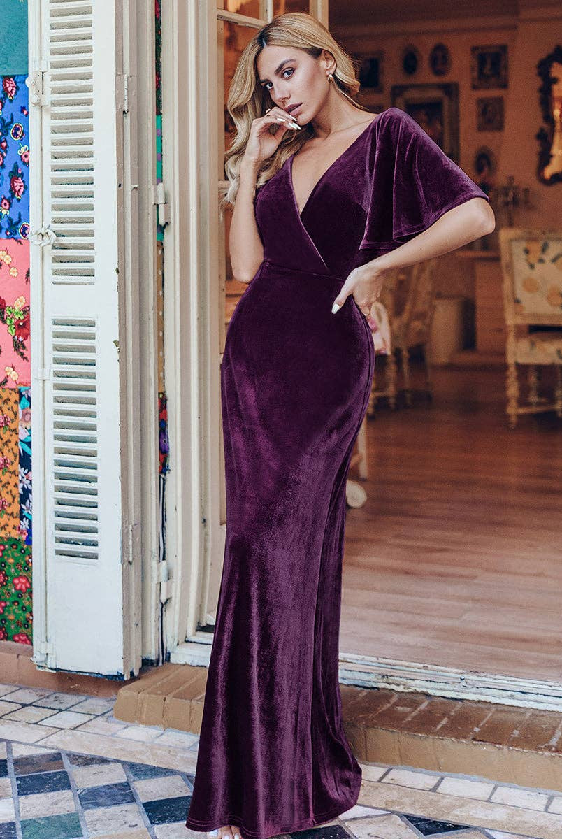 Velvet Flutter Sleeve Evening Gown