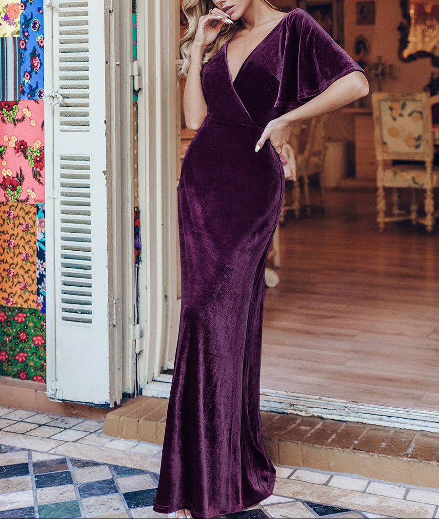 Velvet Flutter Sleeve Evening Gown