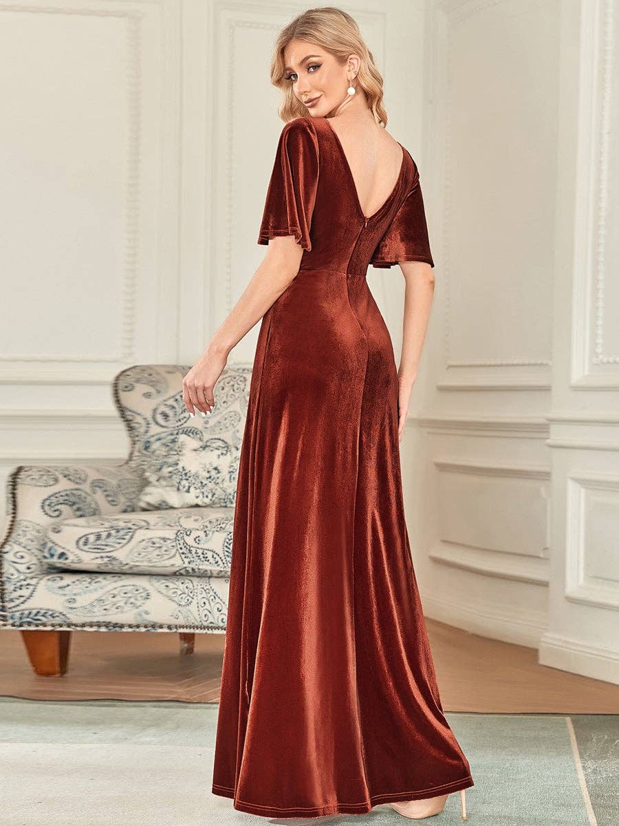 Velvet Flutter Sleeve Evening Gown