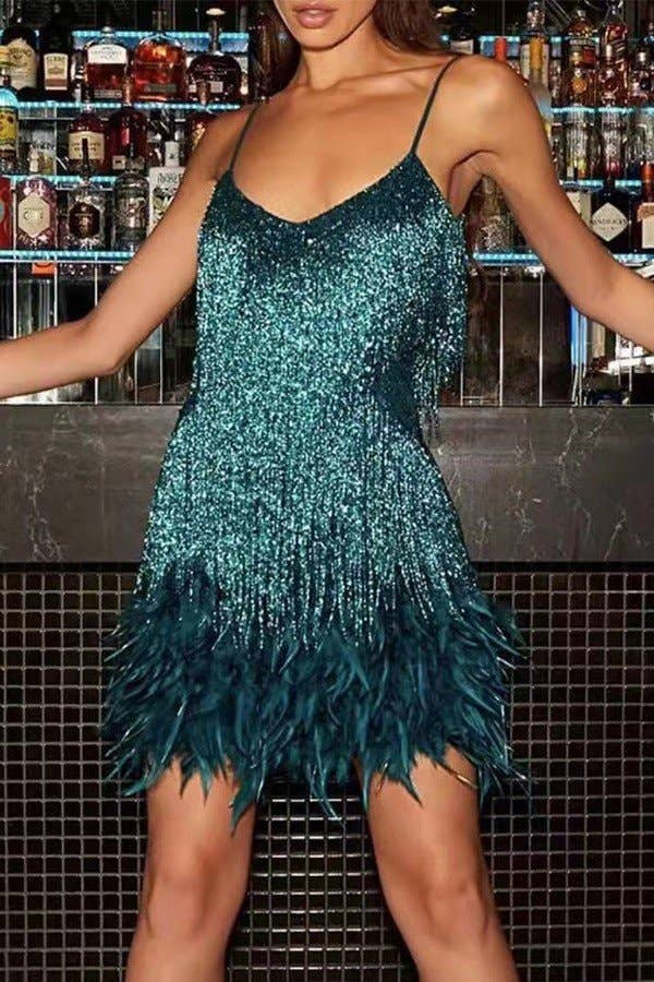 Feather Fringe Sequin Halter Dress