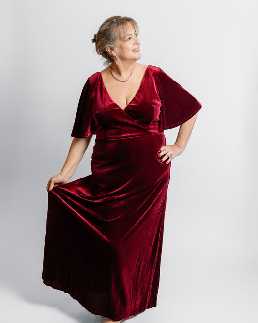 Velvet Flutter Sleeve Evening Gown