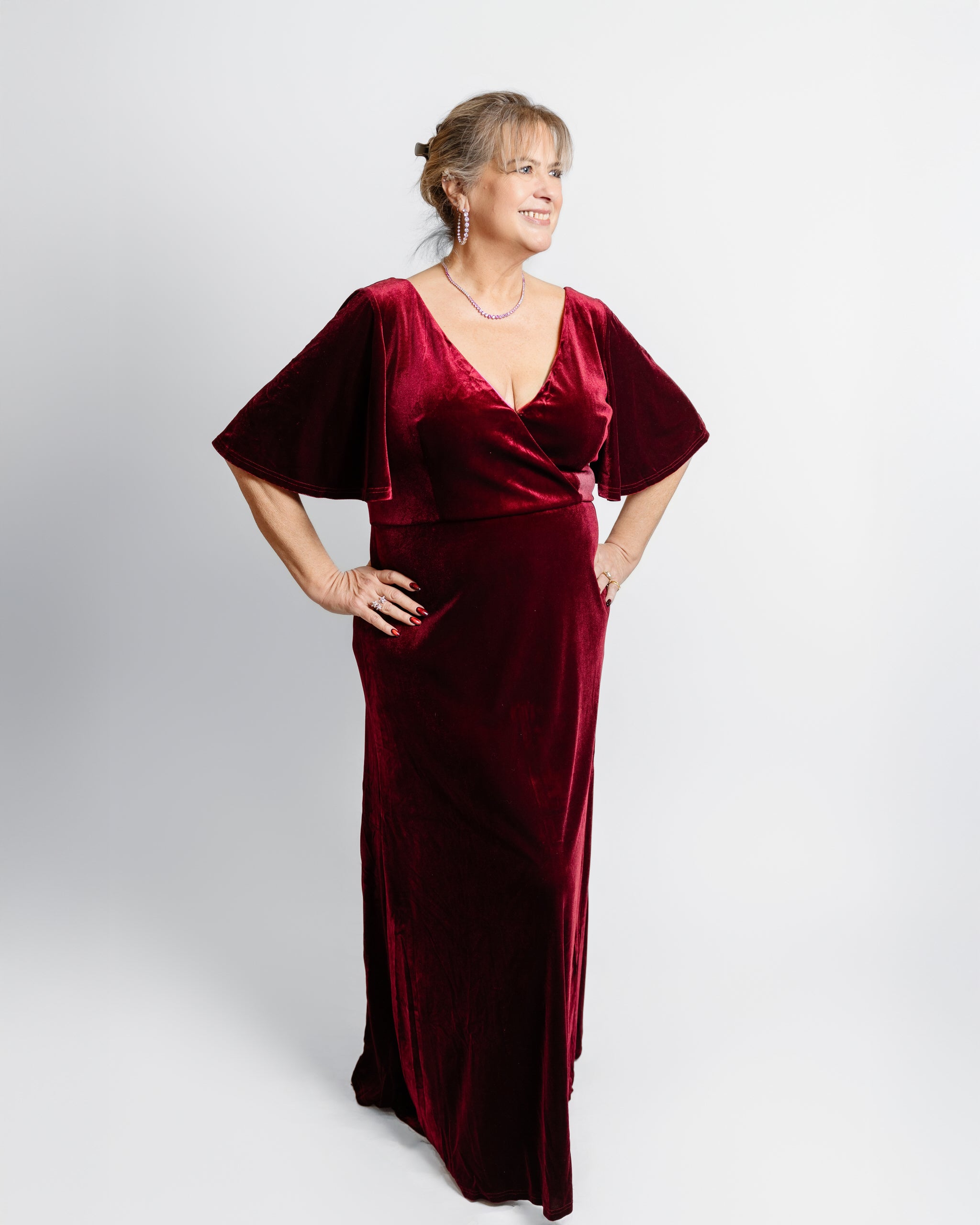 Velvet Flutter Sleeve Evening Gown