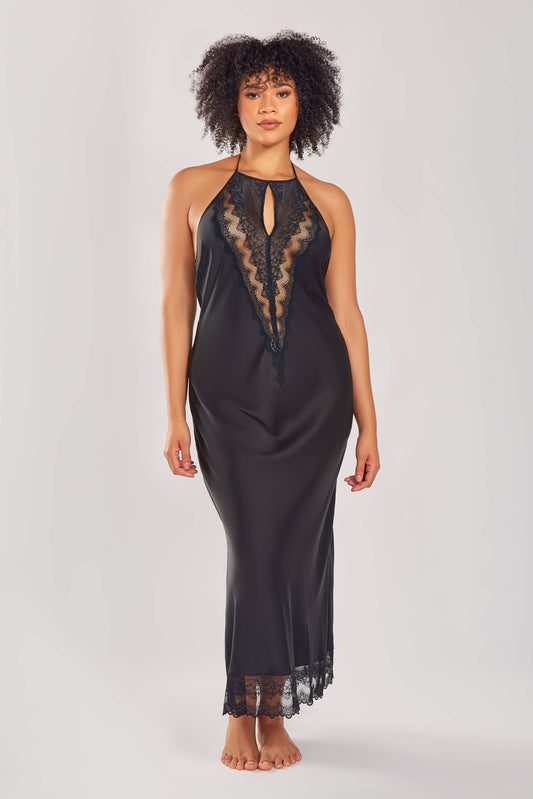 Tess Stretch Satin Gown with Lace