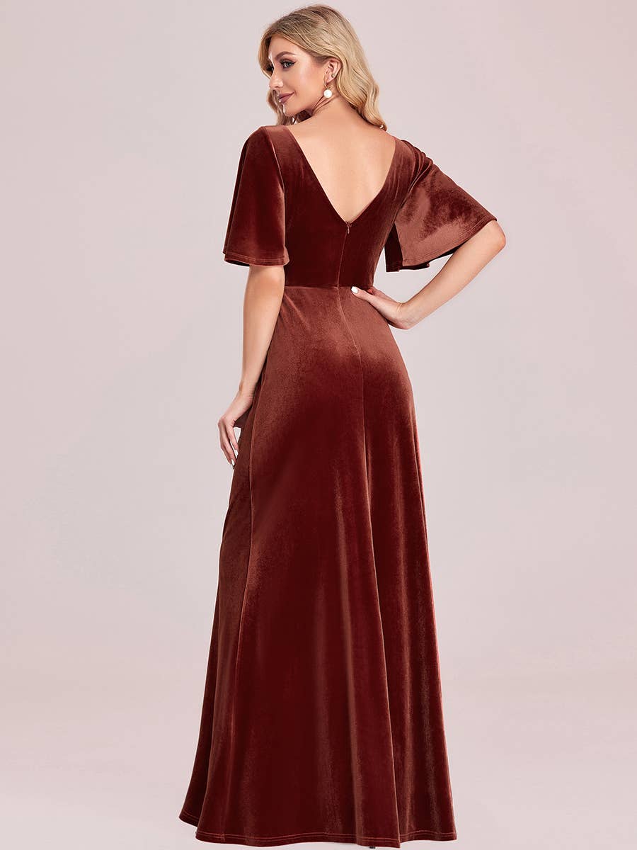 Velvet Flutter Sleeve Evening Gown