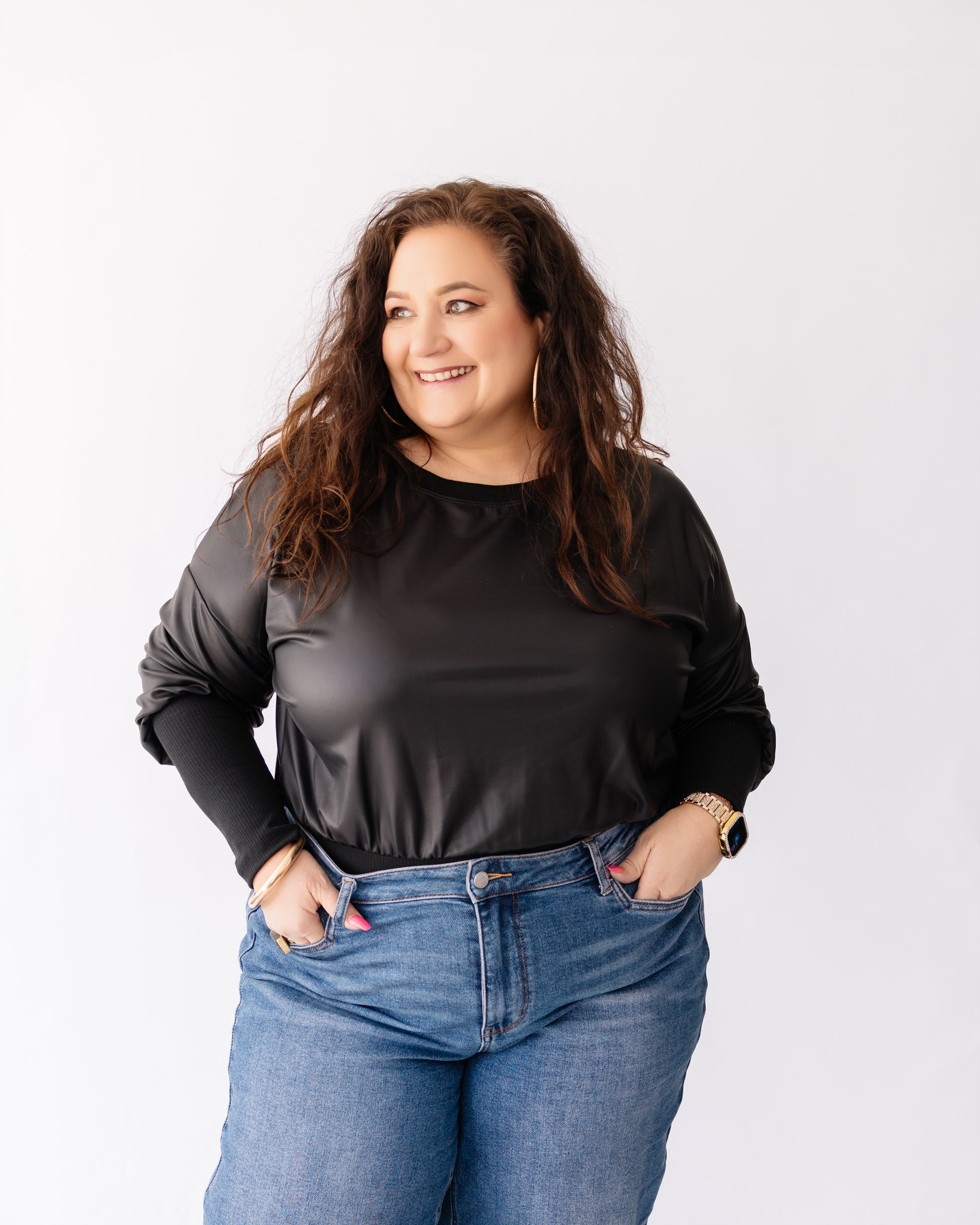 Vegan Leather Top with Rib Banded Bottom