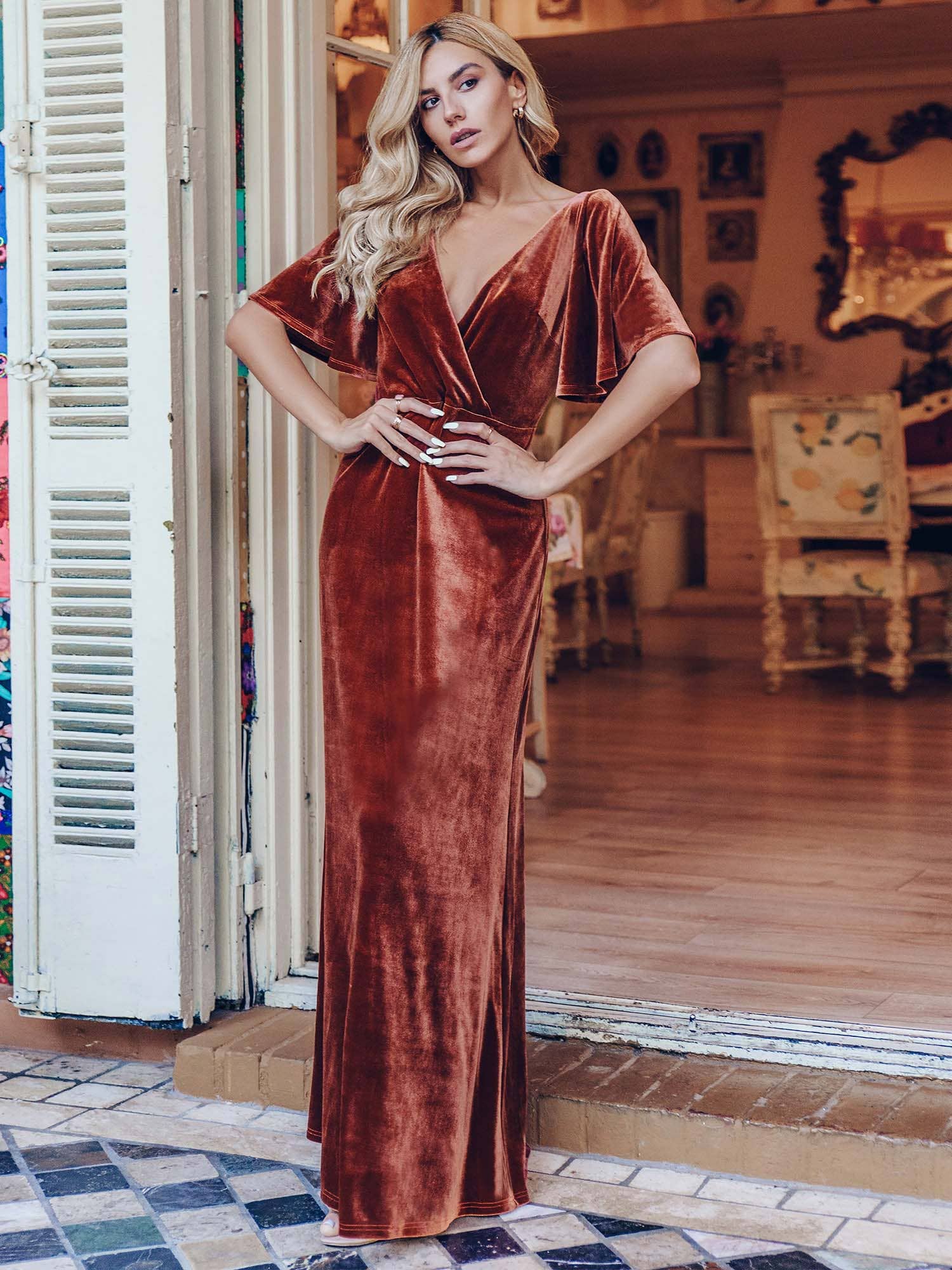Velvet Flutter Sleeve Evening Gown