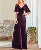 Velvet Flutter Sleeve Evening Gown