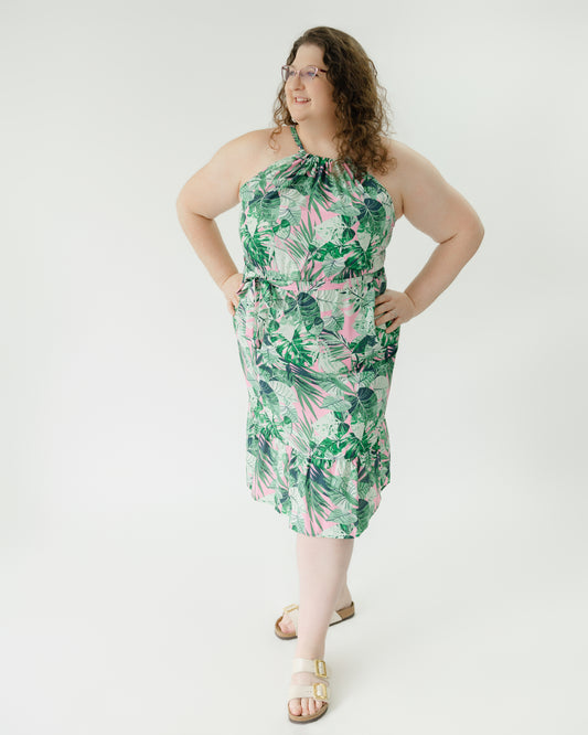 Plus Halter Neck Tropical Sash Dress