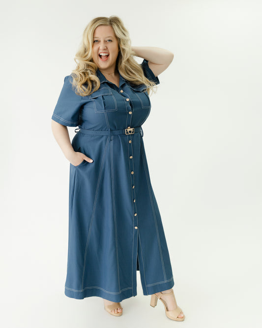 Denim Inspired Belted Midi Dress
