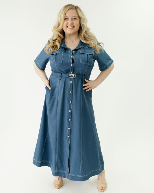 Denim Inspired Belted Midi Dress