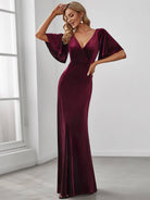 Velvet Flutter Sleeve Evening Gown