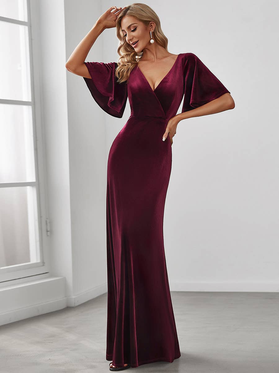 Velvet Flutter Sleeve Evening Gown