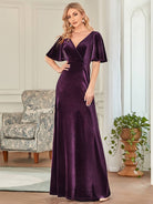 Velvet Flutter Sleeve Evening Gown