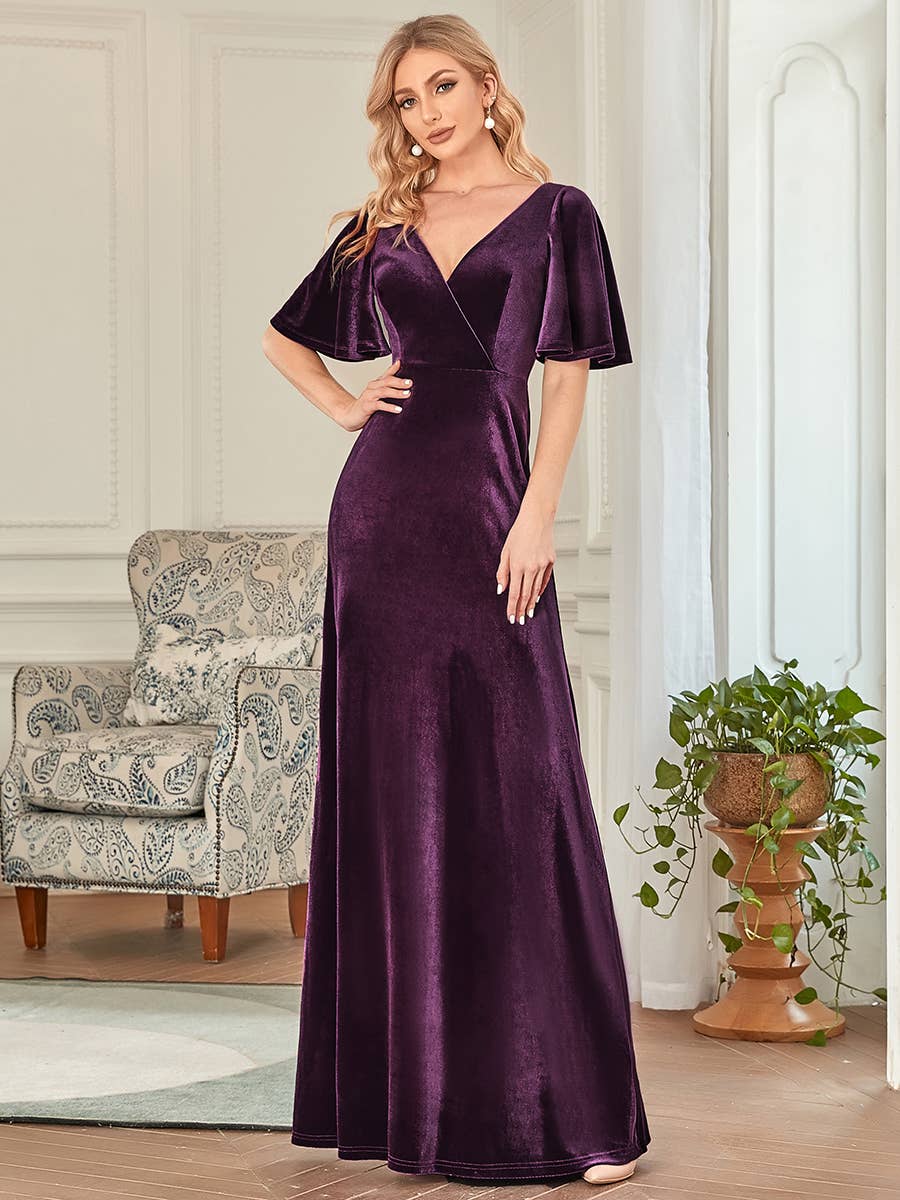 Velvet Flutter Sleeve Evening Gown