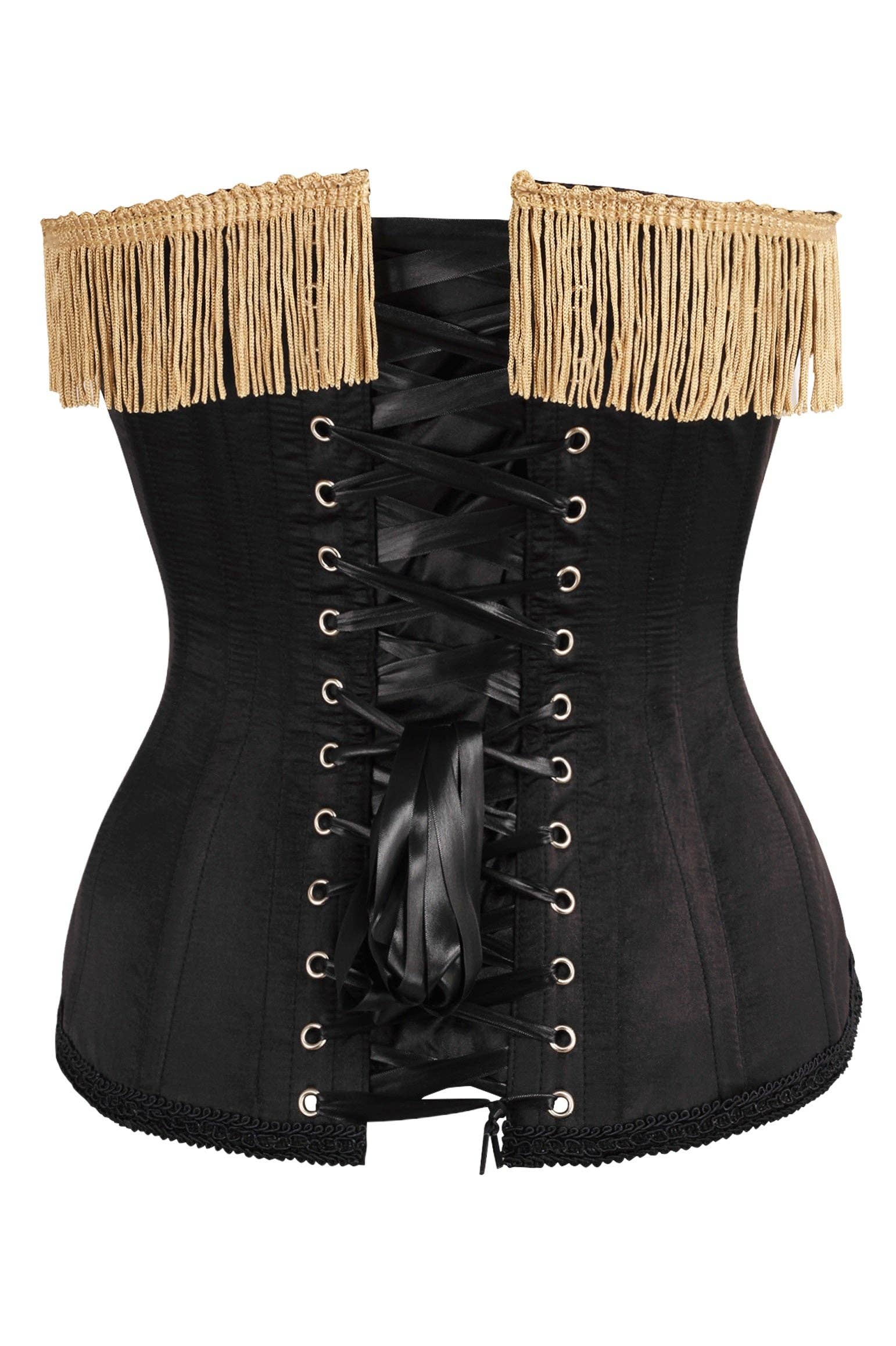 Top Drawer Black/Dark Red Steel Boned Corset w/Gold Fringe