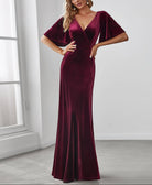 Velvet Flutter Sleeve Evening Gown