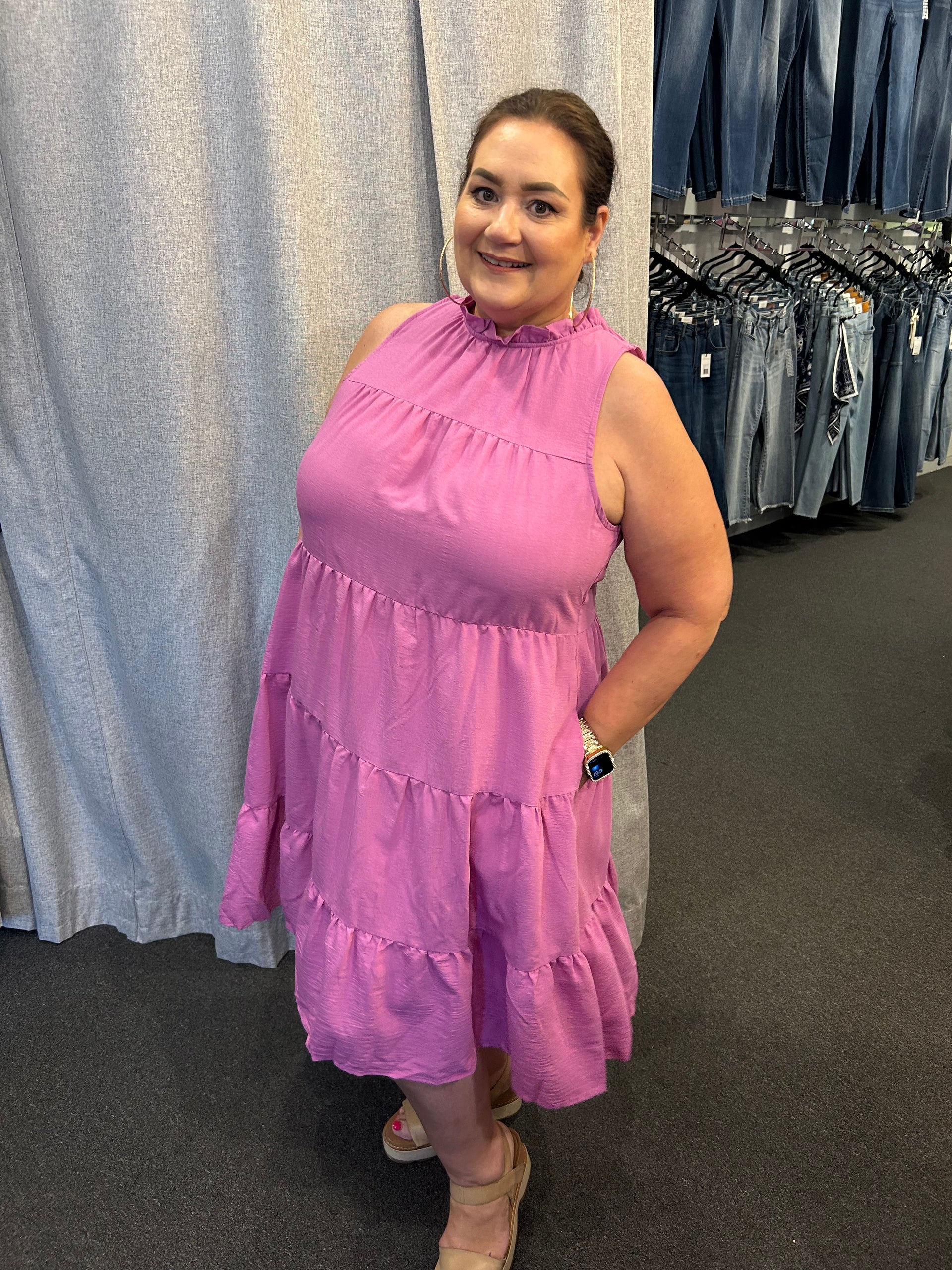 pink tiered plus size dress Final Sale Plus Size Spaghetti Strap Tiered Ruffle Mini Dress in Pink
