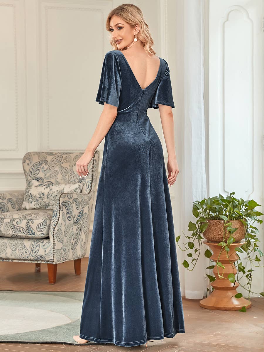 Velvet Flutter Sleeve Evening Gown