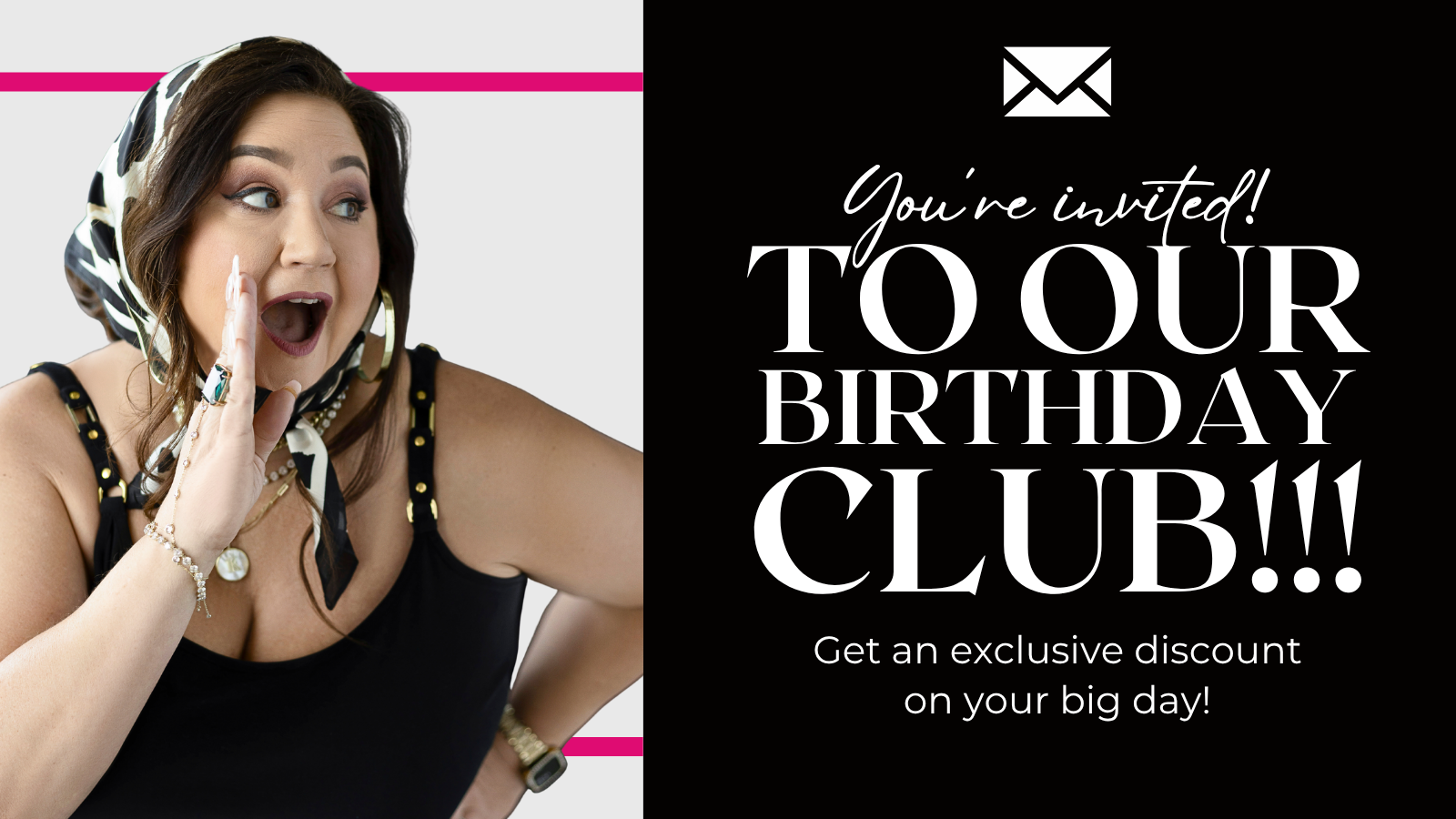 Woman with a surprised expression on a birthday club invitation card | You're invited | Harlow + James Boutique | West Des Moines, IA